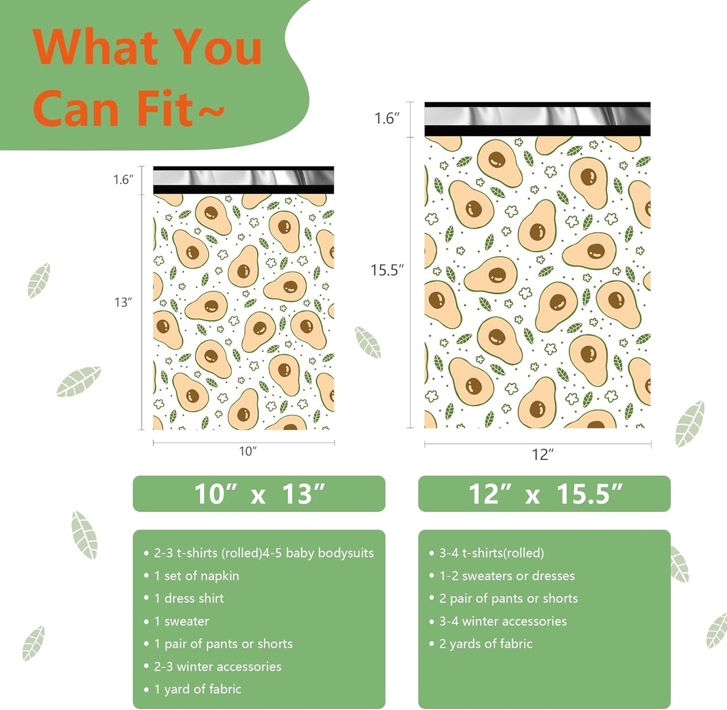 Poly Mailers 12x15.5 Inch 50 Pcs - Avocado printed Shipping Bags, 2.4mil Thickness, Waterproof and Tear Resistant Mailing Envelopes, Self-Sealing Packaging Bags for Small Business