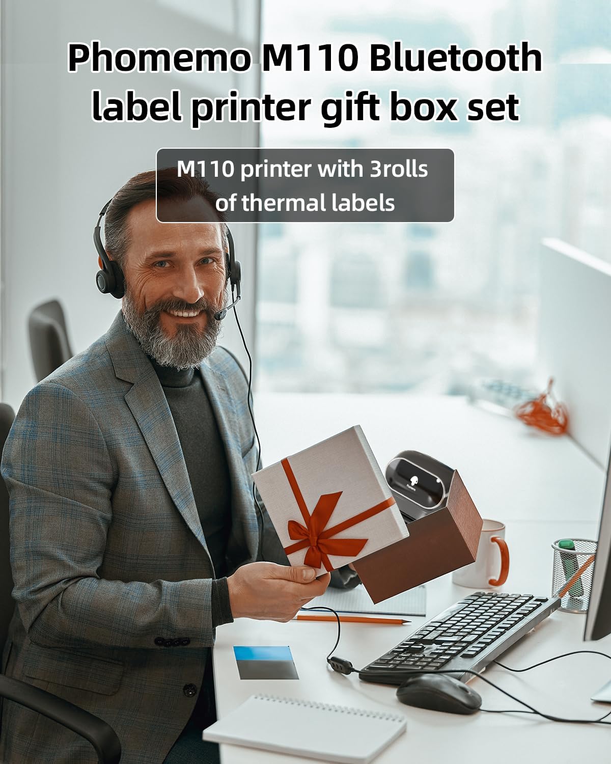 Phomemo M110 Label Makers- with 3 Rolls Labels, Barcode Label Printer Thermal Bluetooth Portable Printer for Small Business, Address, Logo, Clothing, Mailing, Sticker Printers for Phone & PC, Gray