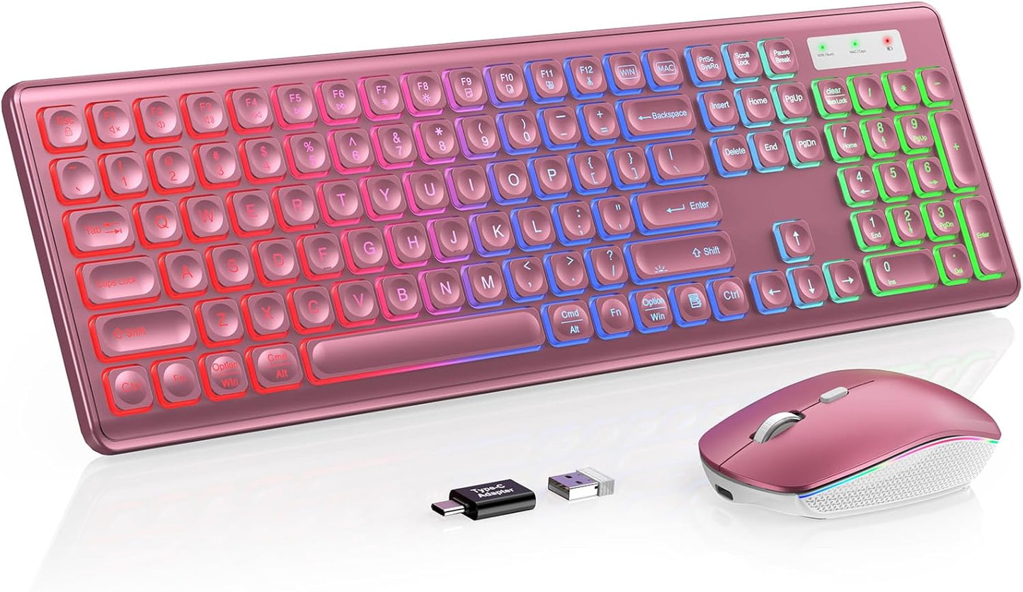 Wireless Keyboard and Mouse Combo - RGB Backlit, Rechargeable & Light Up Letters, Full-Size, Ergonomic Tilt Angle, Sleep Mode, 2.4GHz Quiet Keyboard Mouse for Mac, Windows, Laptop, PC