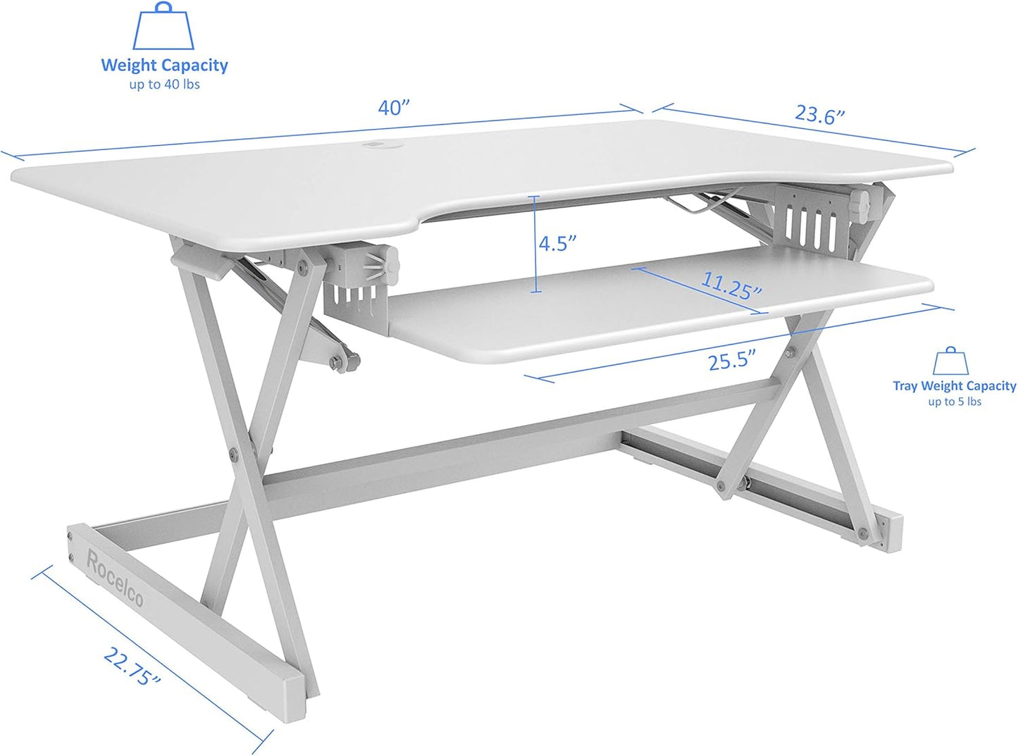 Rocelco 40" Large Height Adjustable Standing Desk Converter - Quick Sit Stand Up Dual Monitor Riser - Gas Spring Assist Computer Workstation - Retractable Keyboard Tray - White (R DADRW-40)