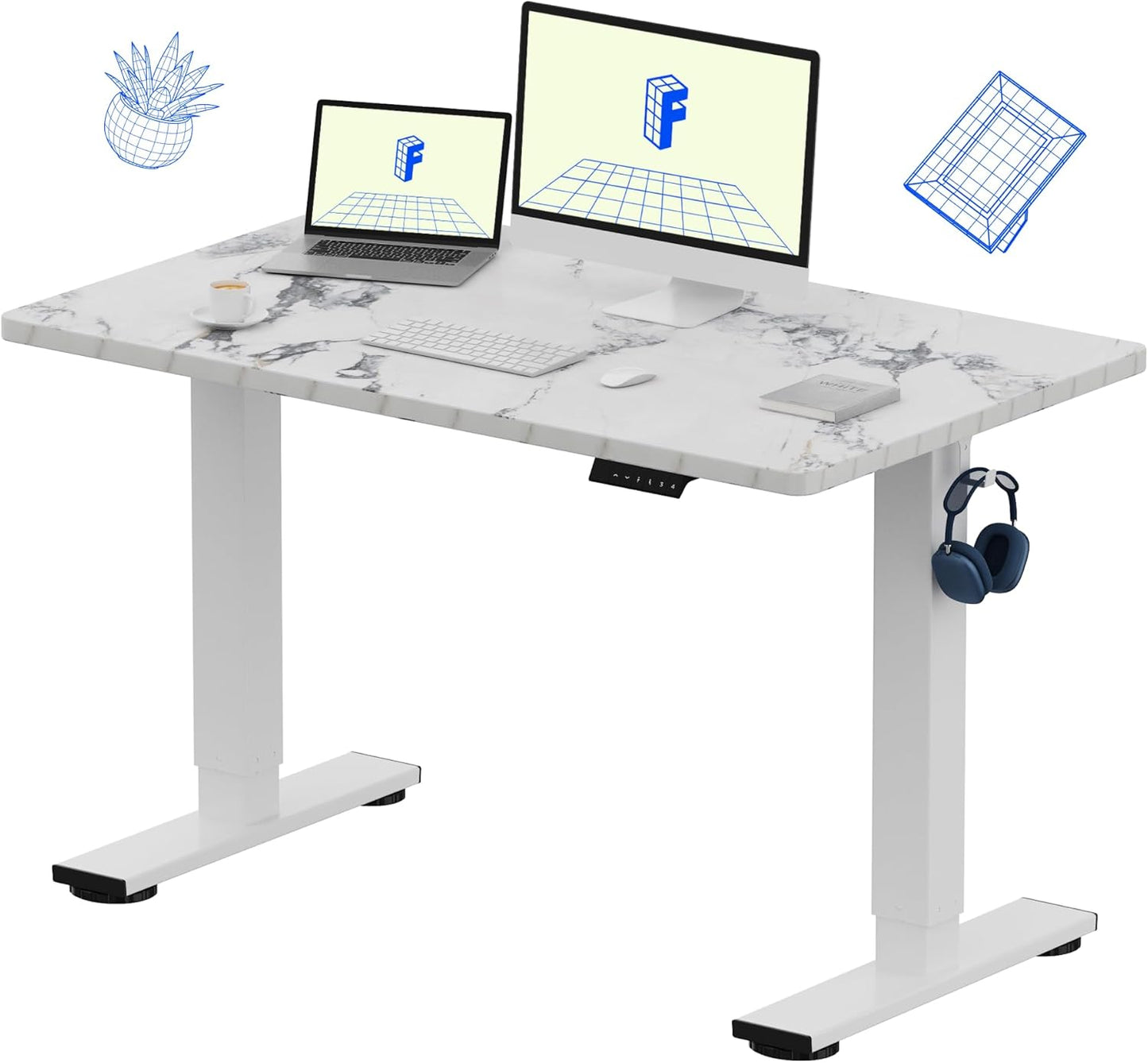 FLEXISPOT EN1 One-Piece Standing Desk 48 x 30 Inches Height Adjustable Electric Desk Sit Stand Desk Home Office Desks (White Frame + Marble Gray Top, 2 Packages)