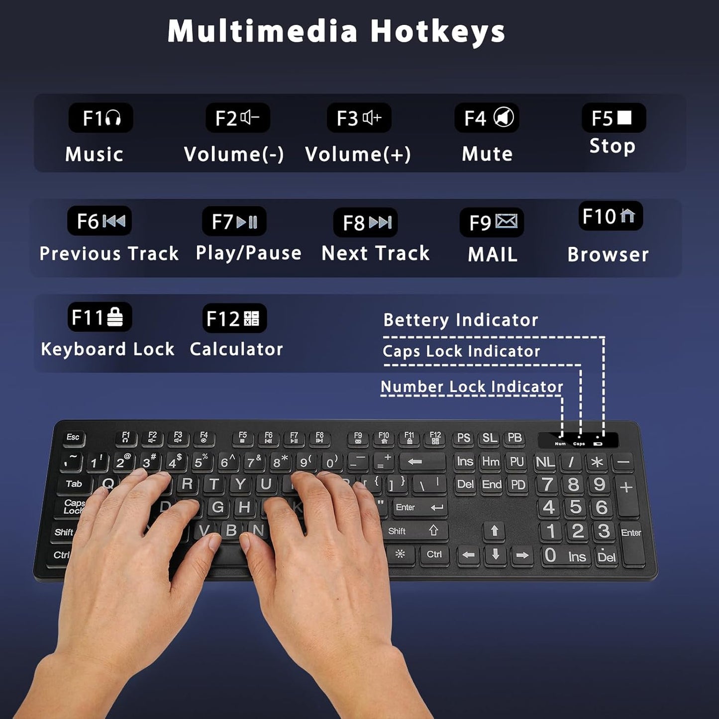 Large Print Backlit Wireless Keyboard, 2.4G Silent Wireless Light Up Keyboard, Full Size Computer Keyboards with 7 Colored Backlits, Rechargeable Keyboards for Windows, PC, Laptop