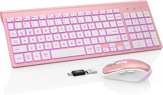 SABLUTE Wireless Keyboard and Mouse Combo Backlit - Compact Quiet Keyboard with RGB Mouse, Rechargeable, Slim, Sleep Mode, Portable Cordless Keyboard Mouse Set for Mac, Windows, Laptop, PC (Rose Gold)