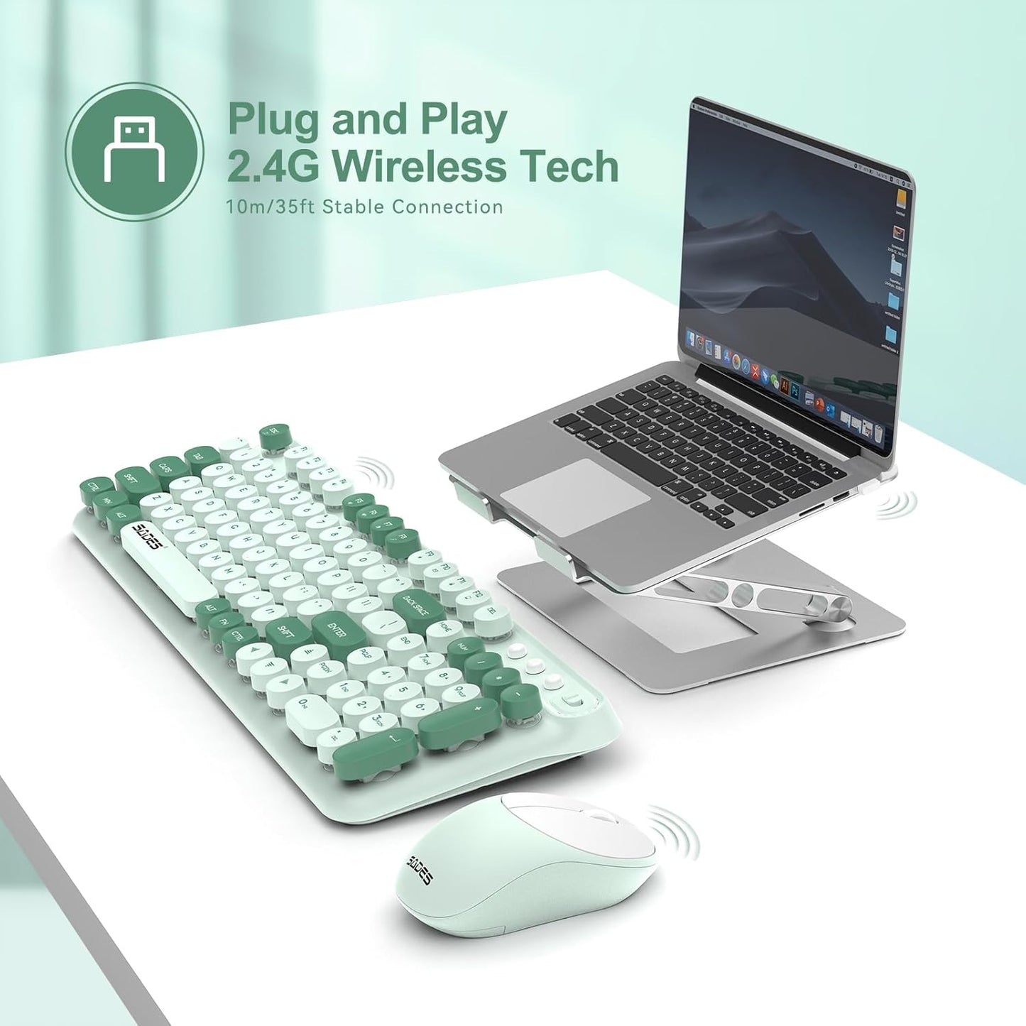 Wireless Keyboard and Mouse,Retro Typewrite Keyboard and Mouse Combo with Round Keypads,2.4G Cute Full Size Keyboard and Mouse Wireless, Home Office Keyboard for Computer Laptop Windows, Mint Green