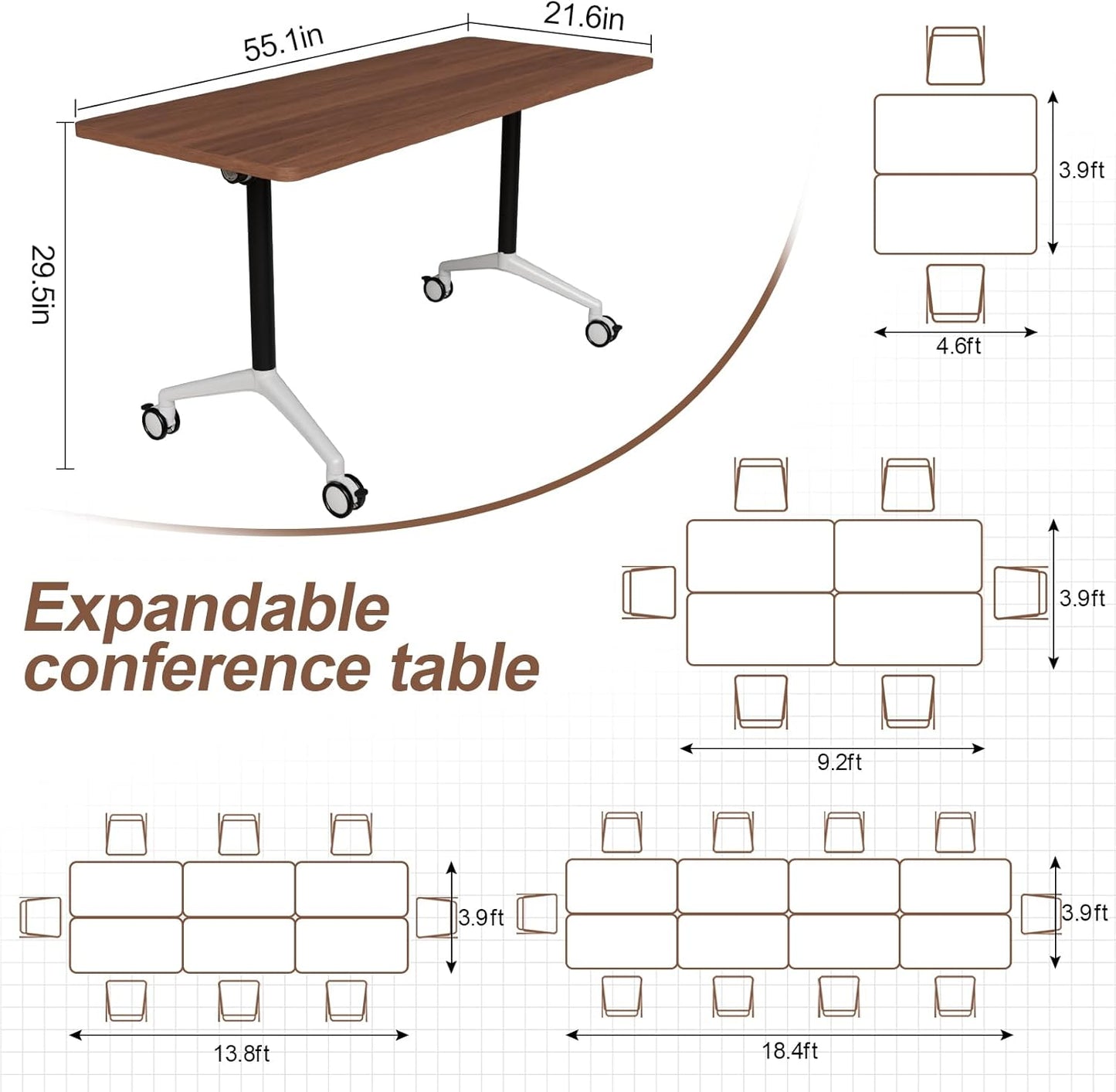 Folding Conference Table, Modern Large Conference Room Tables with Flip-Top Design, Foldable Conference Table Meeting Table with Wheels, Mobile Seminar Training Tables for Office Classroom (4, Brown)