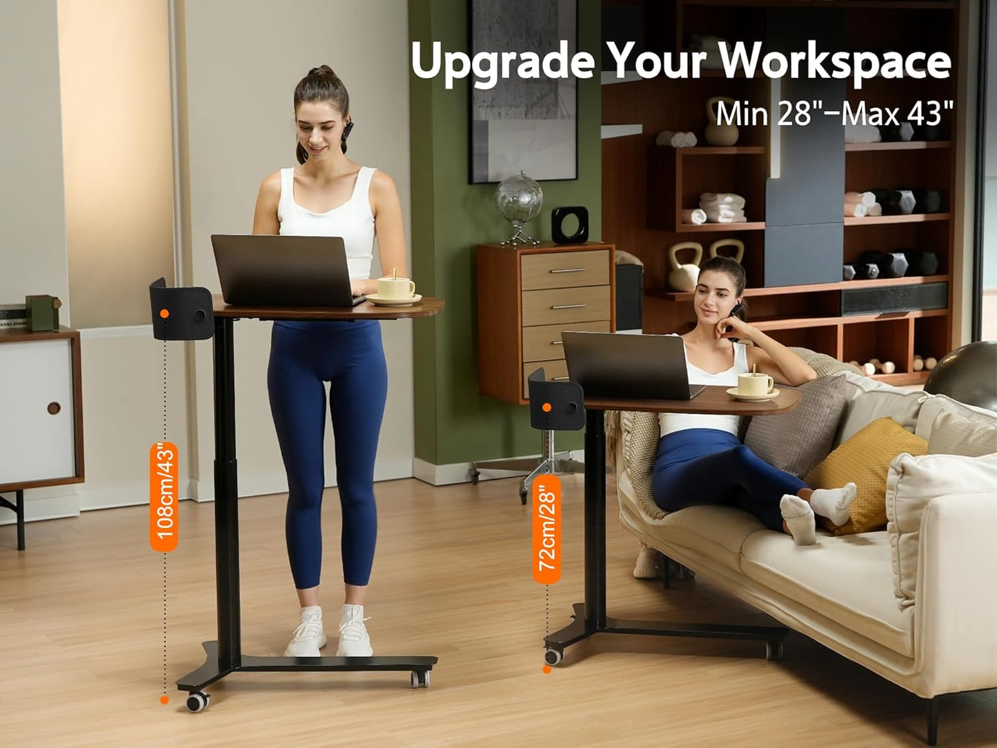 Rolling Adjustable Height Desk with Drawer and Wheels, Portable Small Standing Desk Pneumatic for Home Office, Mobile Computer Laptop Desk Cart, Medical Sofa Overbed Table, Black Walnut