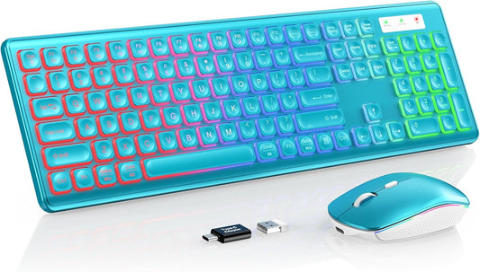Wireless Keyboard and Mouse Combo - RGB Backlit, Rechargeable & Light Up Letters, Full-Size, Ergonomic Tilt Angle, Sleep Mode, 2.4GHz Quiet Keyboard Mouse for Mac, Windows, Laptop, PC