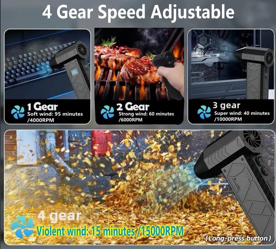 Compressed Air Duster 130000RPM Electric Air Duster with Light Super Power Cordless Air Duster Blower 4-Gear Adjustable Mini Blower Rechargeable Battery for Keyboard House Outdoor and Car