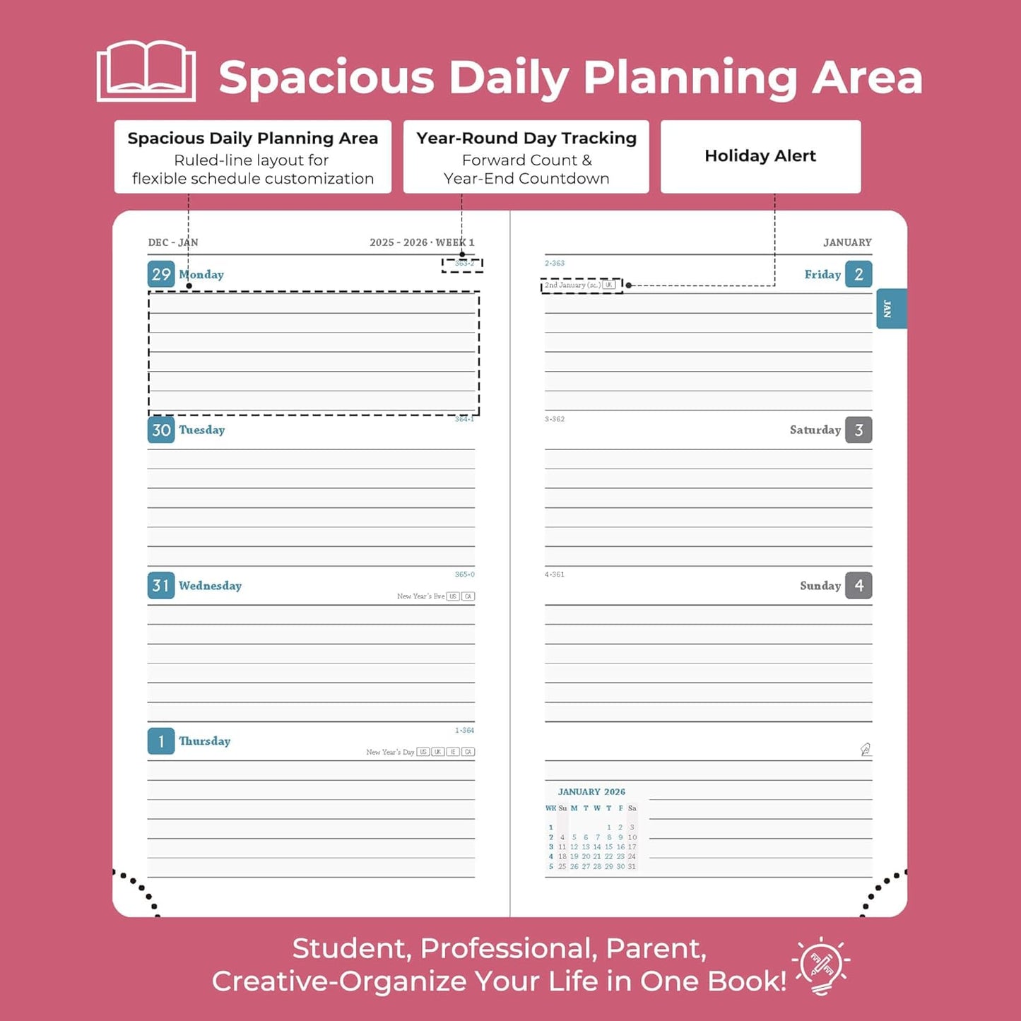 Planner 2026 Daily Weekly and Monthly,6.5"x3.75",12 Months Spiral Bound Calendar Agenda with Self-adhesive Pen Holder,2026 Appointment Book with Vegan Leather Soft Cover,Rose Red