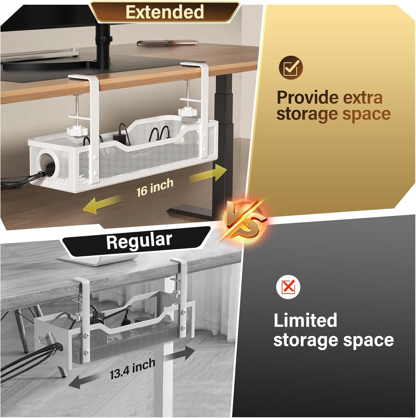 [Upgraded] 2 Pack Under Desk Cable Management Tray, Cinati Cord Organizers for Table Thickness up to 3", 16" Wire Organization with Clamp No Drill, Cable Management Box for Office - No Damage to Desk