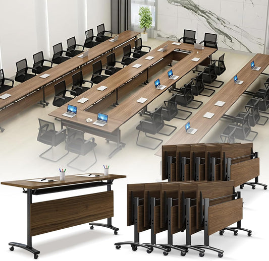 Folding Conference Room Table, Modern Conference Tables with Wheels, Large Rectangular Mobile Training Tables for Office Classroom, Foldable Modular Boardroom Seminar Table Walnut (10pack L70.9in)