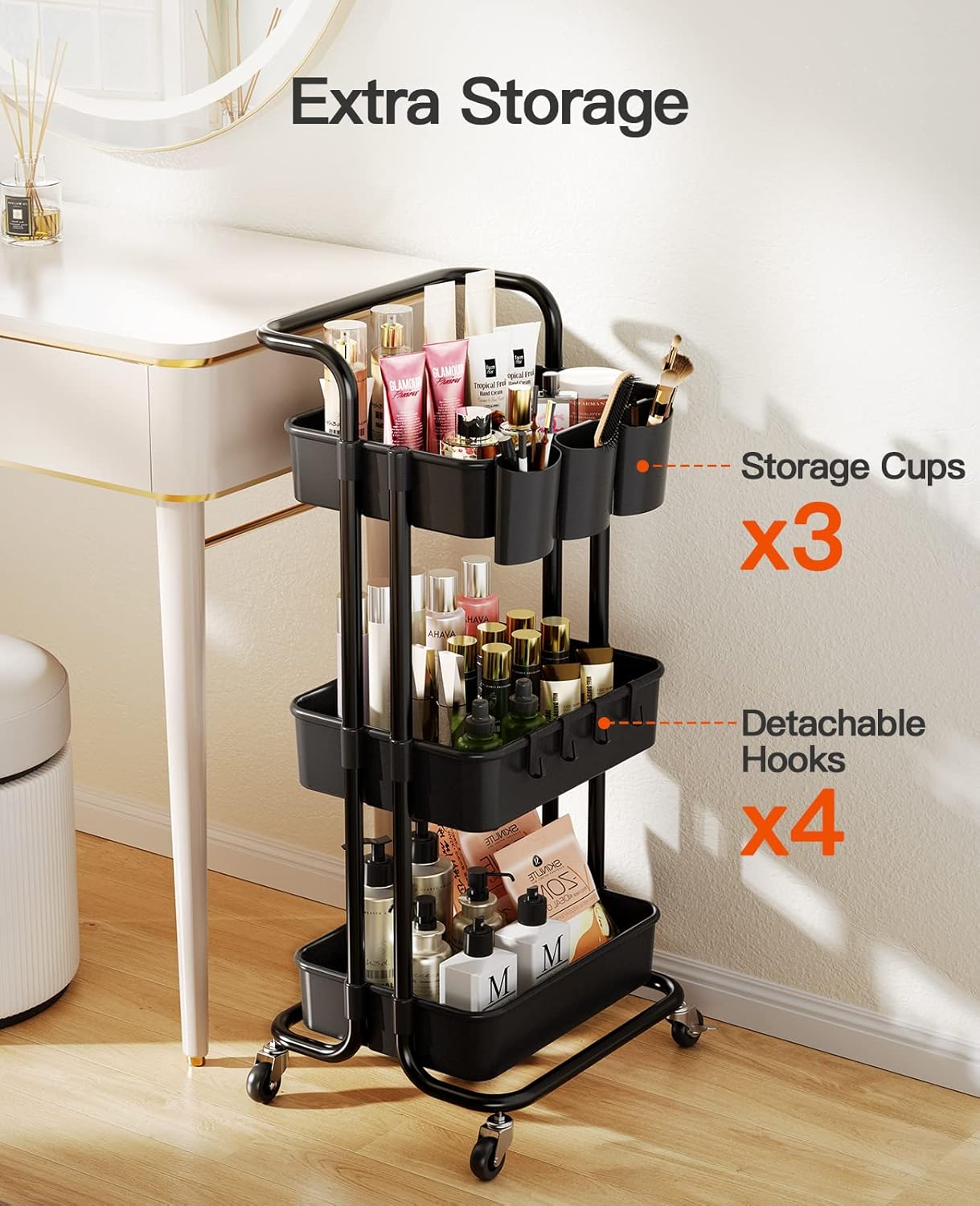 Pipishell 3 Tier Rolling Cart with Wheels - Metal Rolling Cart Organizer with 3 Hanging Cups & 4 Hooks - Art Carts Organizer for Office, Kitchen, Craft Room, Bedroom, Bathroom, Laundry Room (Black)