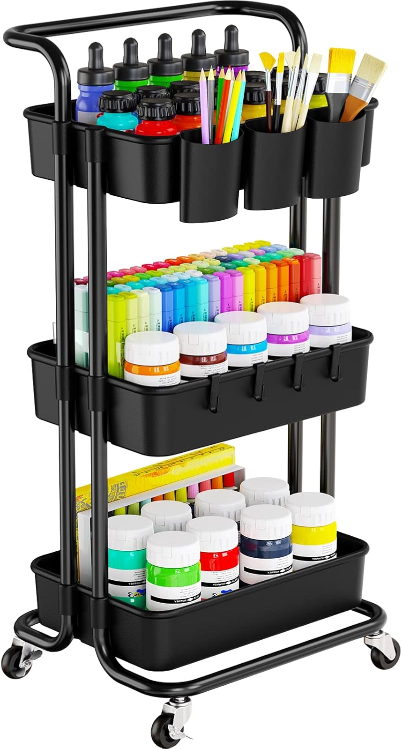 Pipishell 3 Tier Rolling Cart with Wheels - Metal Rolling Cart Organizer with 3 Hanging Cups & 4 Hooks - Art Carts Organizer for Office, Kitchen, Craft Room, Bedroom, Bathroom, Laundry Room (Black)