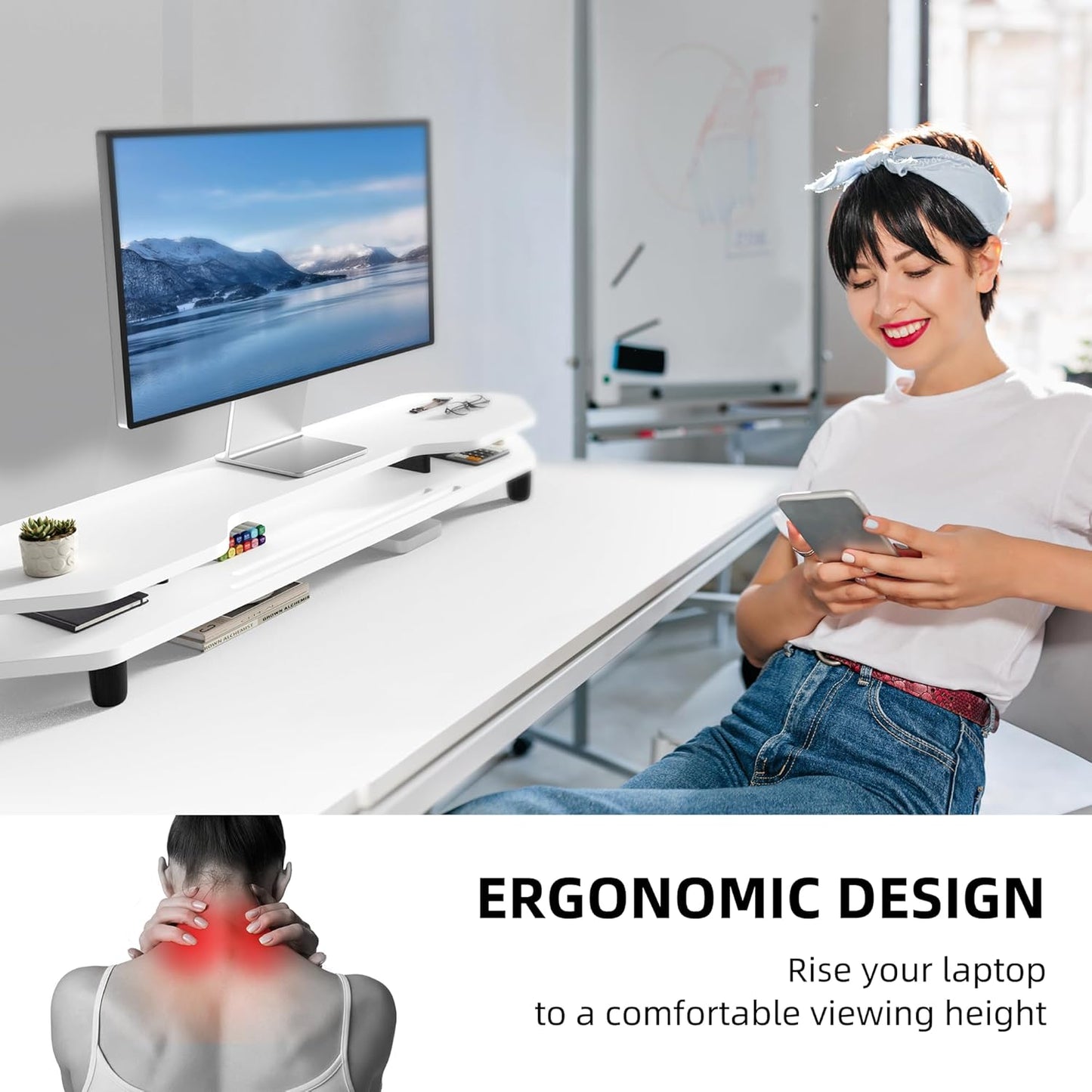 2 Tier Dual Monitor Stand Riser,Wider Board Computer Monitor Stand for 2 Monitors,Slot For Phone/Tablet Office Desktop Organizer for Laptop,PC,Computer,Printer,White