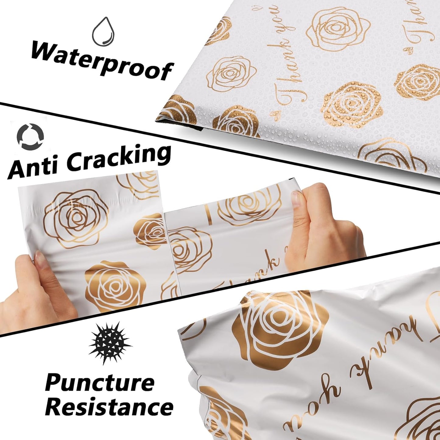 Thank You Poly Mailers 6x9 Inch 100 Pcs - Gold Rose Printed Shipping Bags for Clothing - Waterproof and Tear Resistant Mailing Envelopes - Self-Sealing Packaging Bags for Small Business