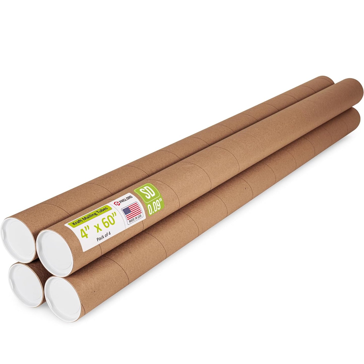 4" x 60" Reinforced Kraft Paper Mailing Tube, Pack of 4 Tubes with 8 Caps – Secure USPS Approved Poster Tube – Cardboard Tube for Shipping and Storing Posters, Prints, Artwork, or Documents