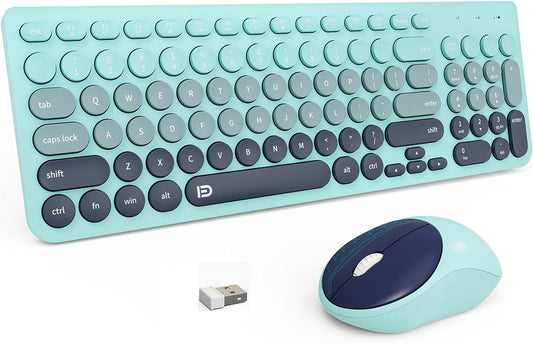 FD Wireless Keyboards and Mouse Combo - 2.4GHz USB Cordless, Cute Wireless Keyboard Round Keys, Quiet and Slim Set for Laptop, Computer, TV and Mac - Indigo Blue Colorful