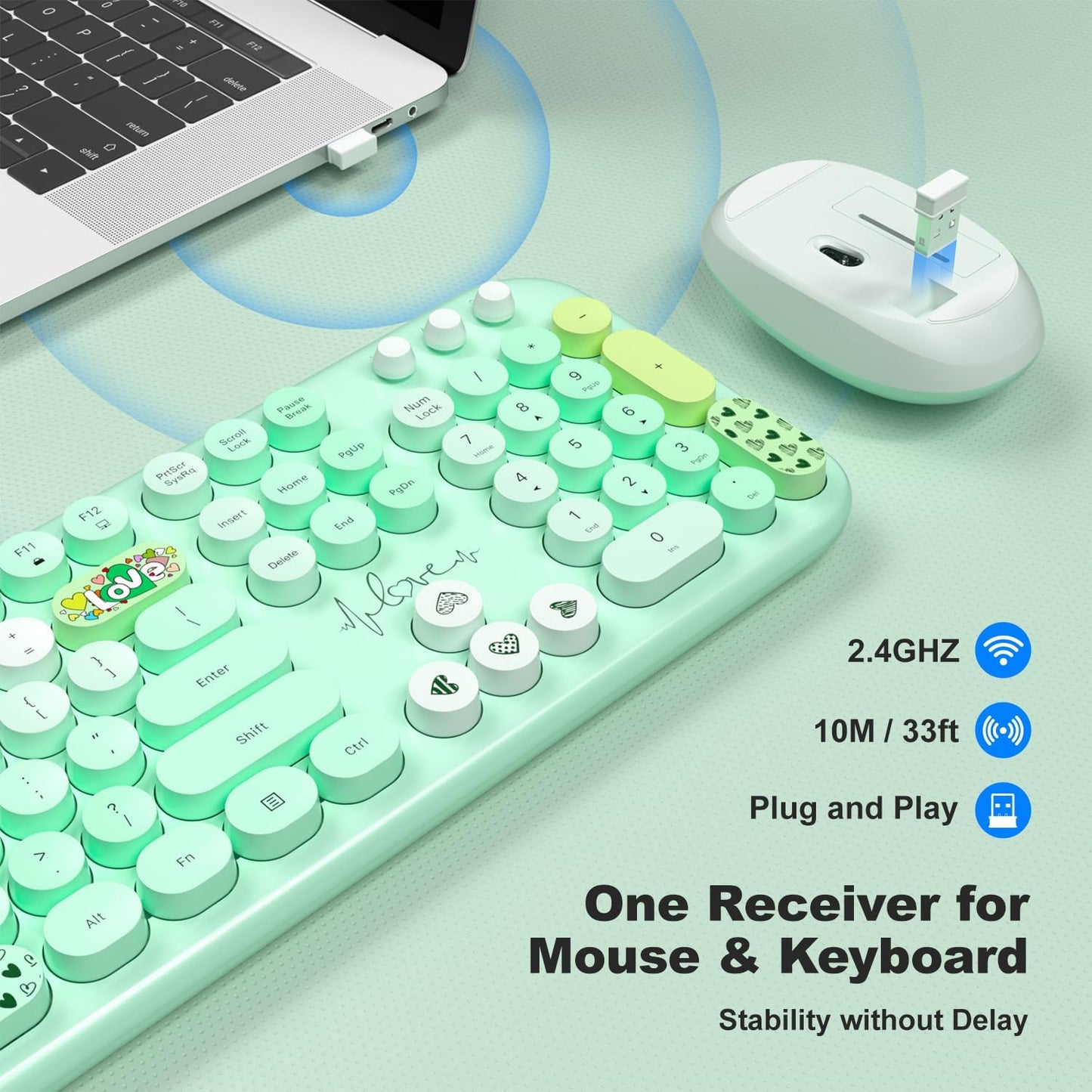 MOFII Wireless Keyboard and Mouse Combo, Full Size 2.4G Plug and Play Typewriter Retro Round Computer Keyboard and Mouse Set for Windows, Computer, Desktop, PC, Notebook - (Green Colorful)