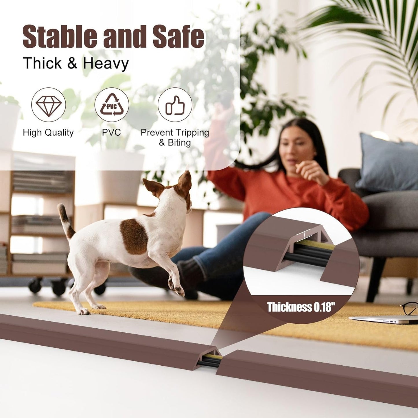 Eapele 6.5 ft Floor Cord Cover Heavy Duty Cable Protector, Cord Covers for Wires on Floor, Floor Cable Cover Easy to Unroll Prevent Trip Hazard for Home Office or Outdoor Settings (Brown)