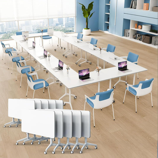 10Pack Folding Conference Room Table, Modern Conference Tables with Silent Wheels, Large Rectangular Mobile Training Tables for Office Classroom, Foldable Modular Seminar Table White (L47.2in)
