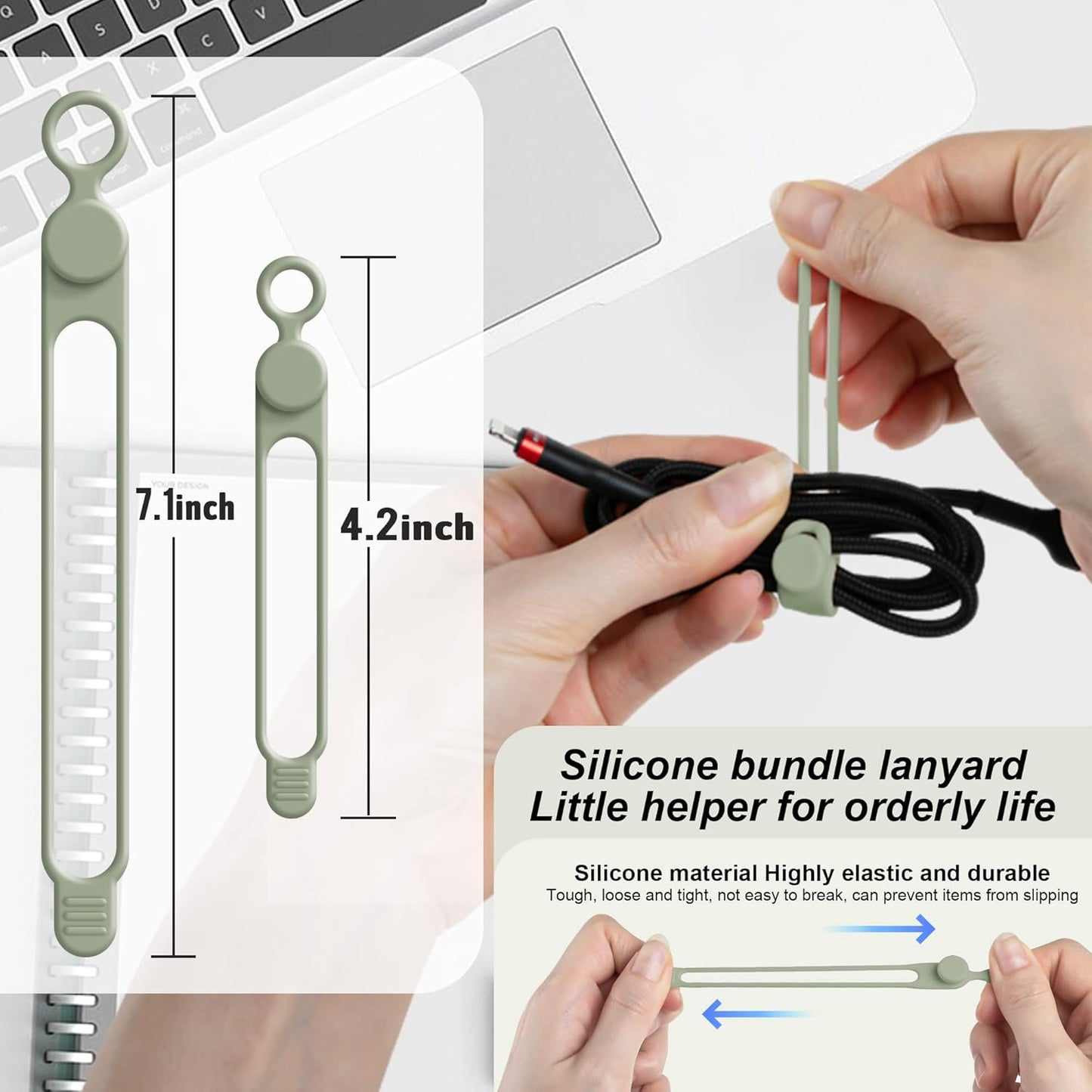 Nearockle Silicone Cable Ties Cord Organizer for Cable Management, 16PCS 4.2" and 7.1" Reusable Cable Organizer Electronic Accessories for Home, Office, Kitchen, School, Travel (Green)