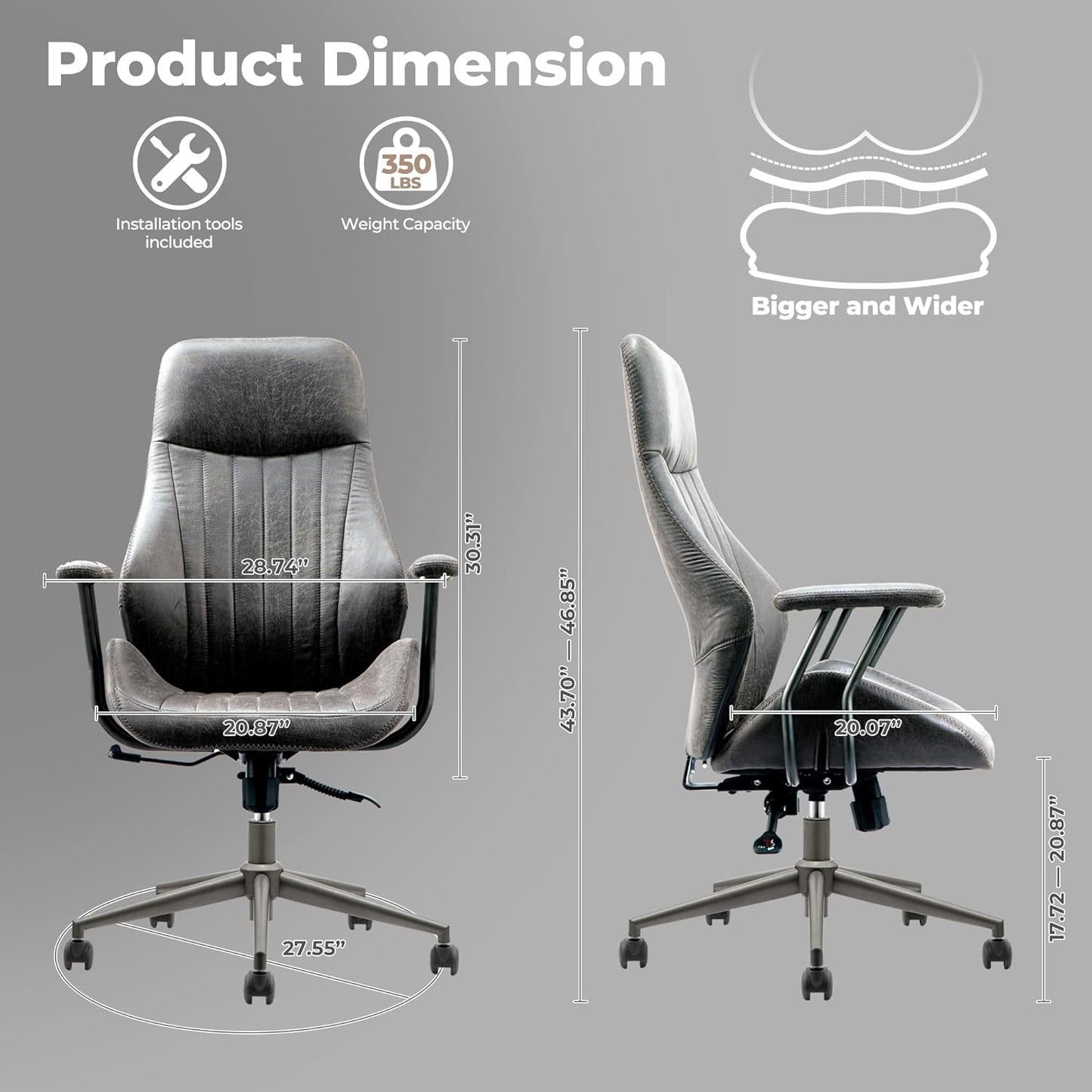 ovios Ergonomic Home Office Chair, Mid-Century Modern Faux Leather Chairs with Padded Armrests, Comfy High Back Swivel Rolling Executive Computer Armchair (Dark Grey, Suede Leather)