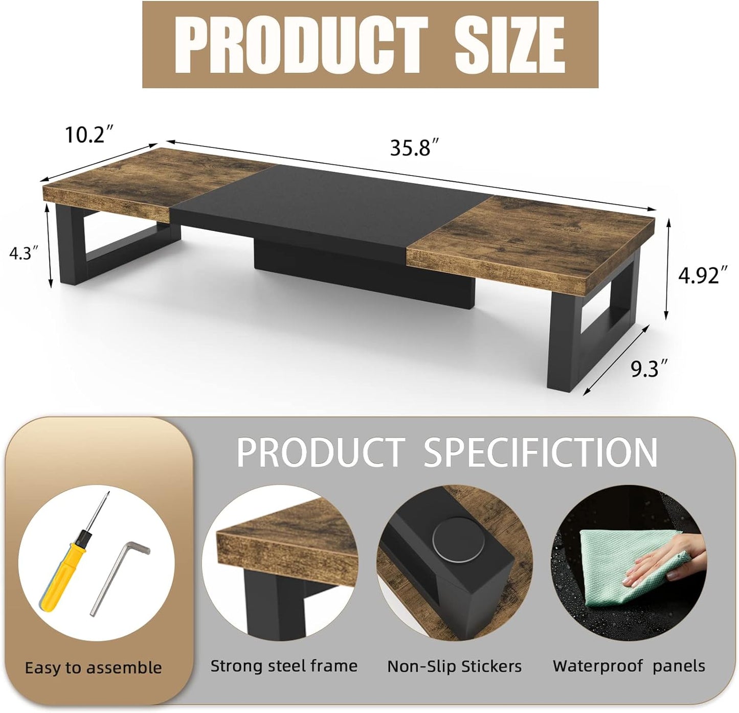 WESTREE Dual Monitor Stand Riser, Wood and Steel Monitor Stand Riser, Computer Monitor Stand for 2 Monitors, Multi-Purpose Desktop Storage Stand for Computer,Laptop,Printer,TV