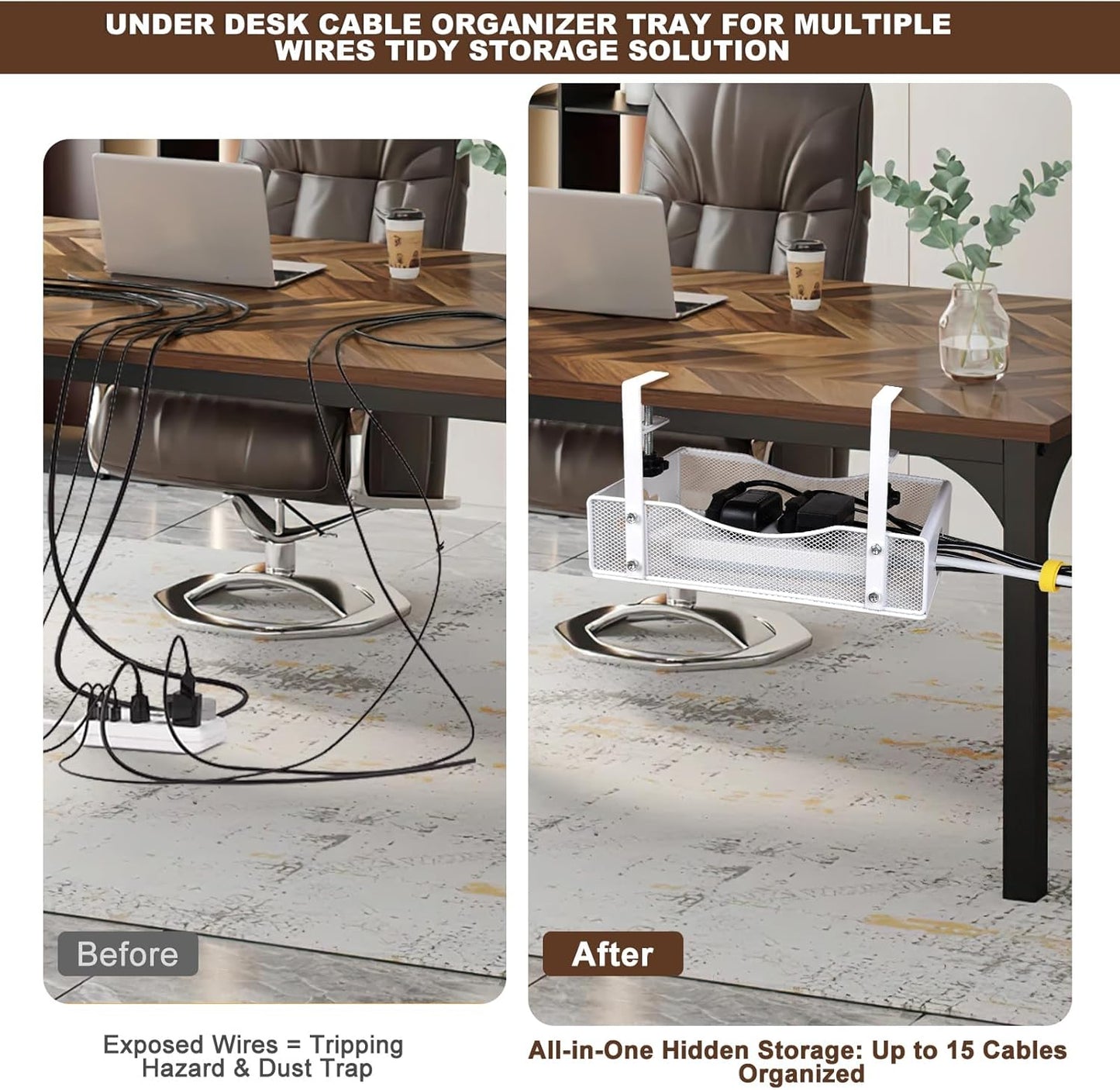 Extra Wide Under Desk Cable Management - No Drill Installation Cable Management Tray, Modern Cord Organizer for Office/Home Desk, Fits Power Strips & Wires