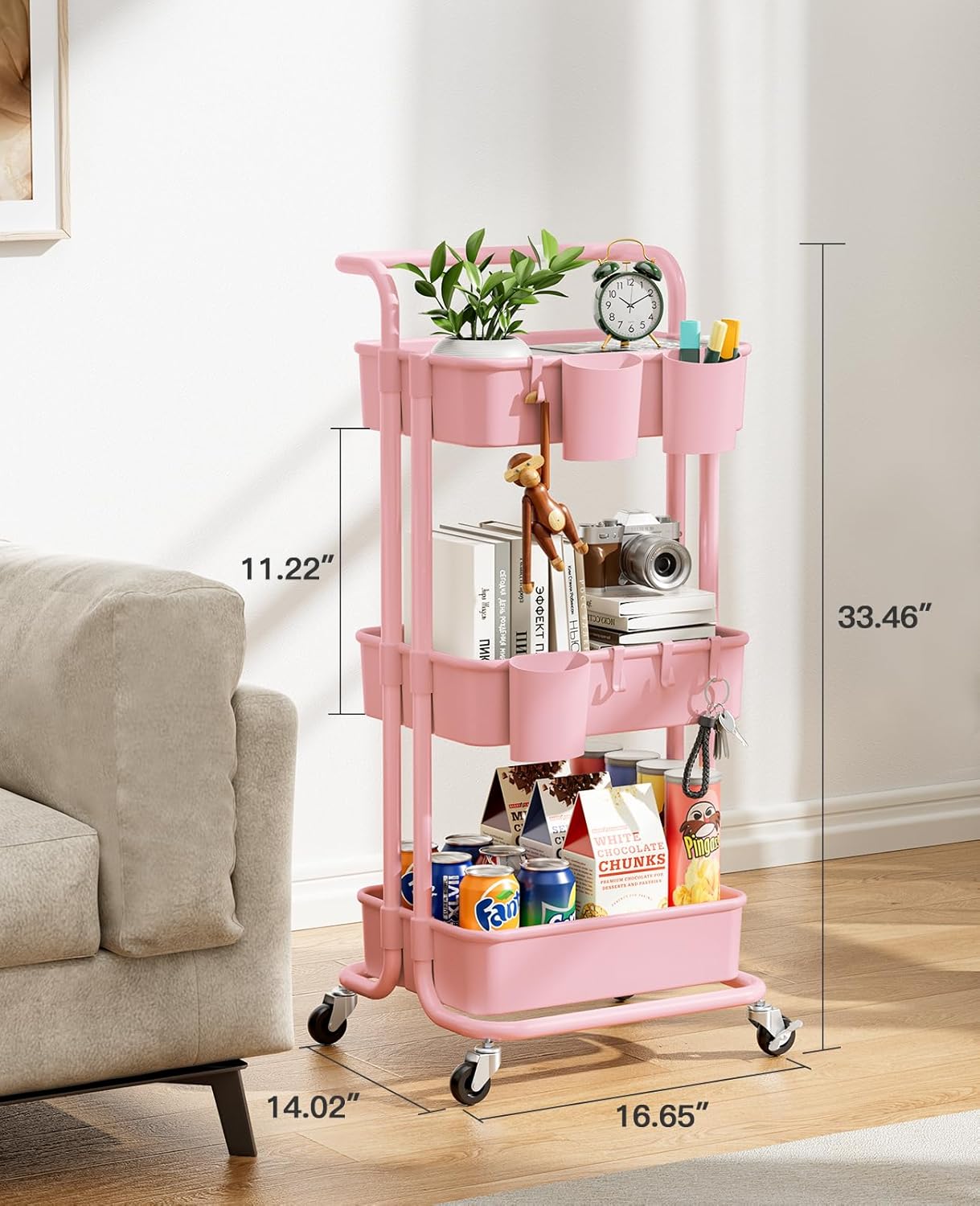 Pipishell 3-Tier Rolling Cart with Wheels, Rolling Storage Carts with 3 Hanging Cups & 4 Hooks, Mobile Utility Cart, Art Carts Organizer, Craft Cart for Office, Kitchen, Craft Room, Pink, PIUC06P