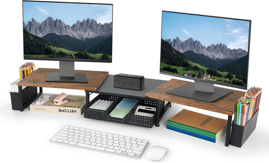Desk Dual Monitor Stand Riser - Desk Organizer with Drawer and Pen Holders, Office Desk Accessories & Workspace Organization, Computer Monitor Stand for Laptop, Printer, TV, Office Decor, Wood