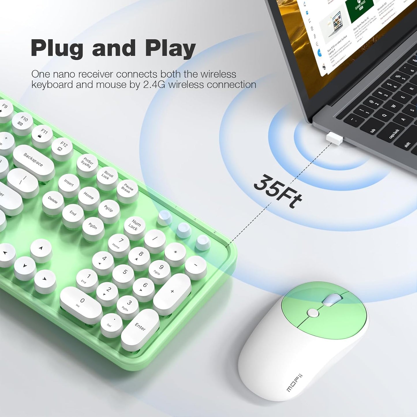 Wireless Keyboard and Mouse Combo, MOWUX Full Size Typewriter Retro Round Computer Keyboard, Mouse Wireless, Plug and Play, for Laptop, PC, Computer- Green