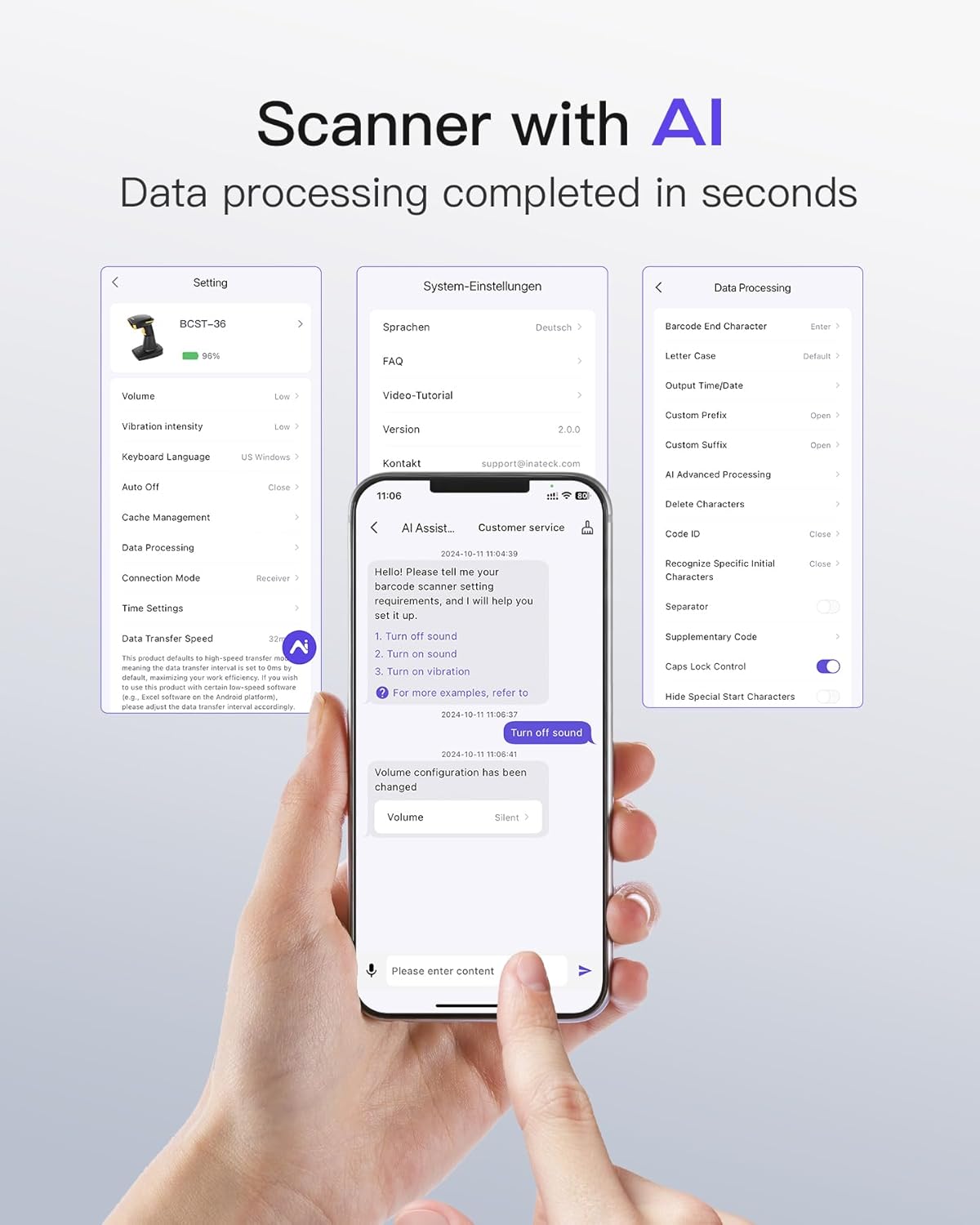 Inateck Bluetooth Barcode Scanner 2D, Wireless 2D QR Code Scanner with 2600 mAh Battery and Smart Charging Base, Handheld Scanner Support AI, APP, SDK, BCST-36