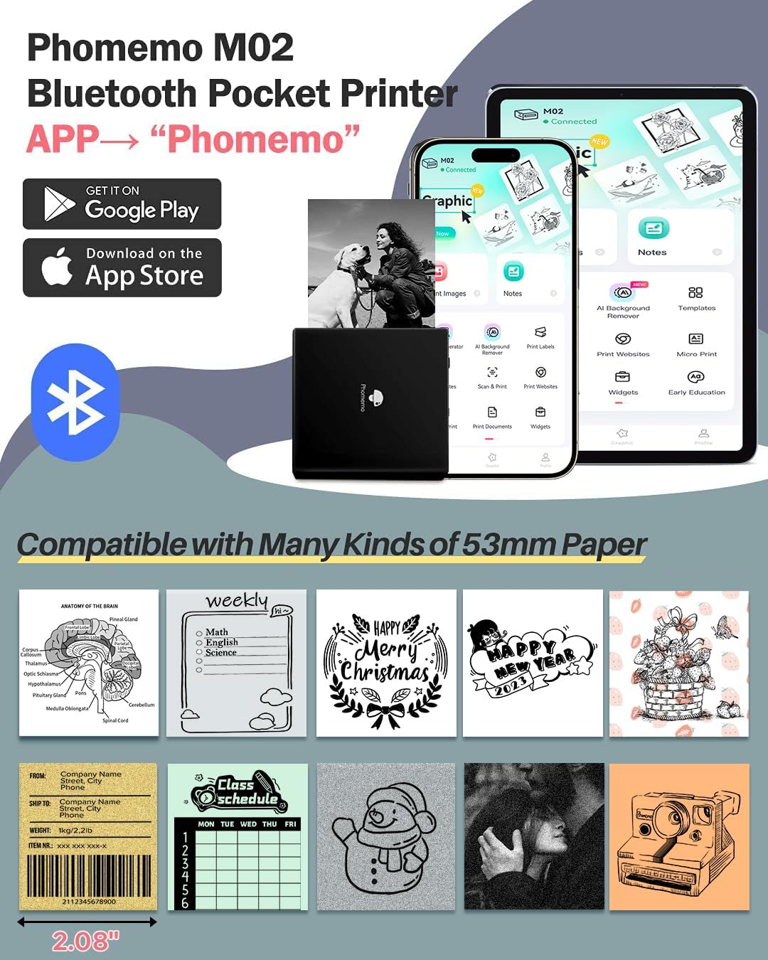 Phomemo Mini Sticker Printer- Mini Printer Sticker Maker Machine M02, Print Pods Suitable for Creative DIY, Diaries, Photos, Study Notes, Portable Thermal Inkless Label Maker for Home/Travel, Black