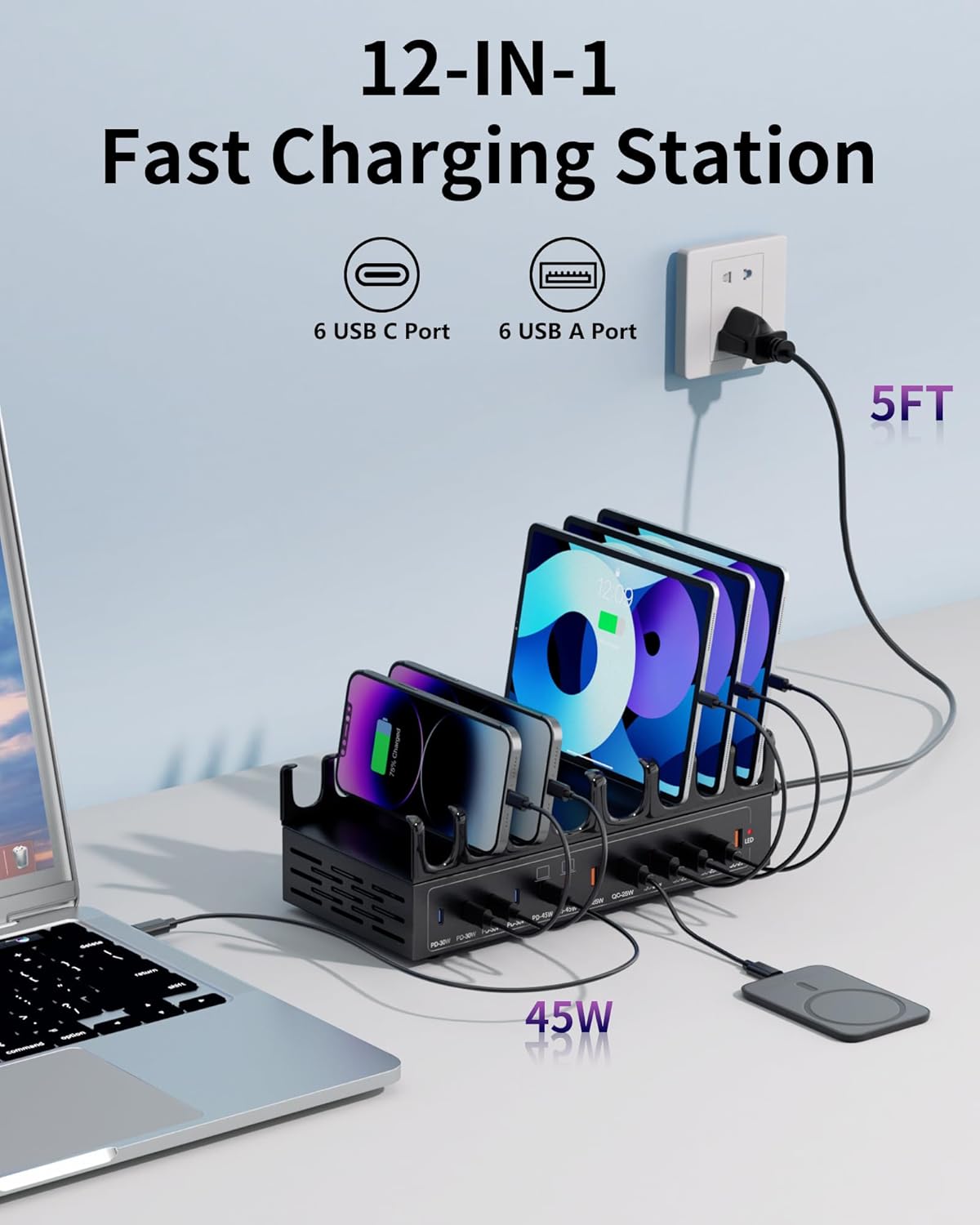 360W Charging Station for Multiple Devices, 12-Port USB C Charging Station with Double 45W PD PPS Port, Multi Device Fast Charger Dock for MacBook Pro Laptop, iPhone, iPad, Tablet, Android Cell Phone