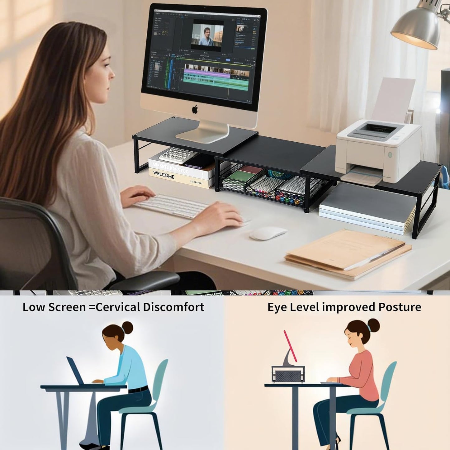 Dual Monitor Stand Riser, Desk Organizer with Drawer, Office Desk Organizers and Accessories, Office Workspace Organization, Computer Monitor Stand for Laptop, Printer (Black)