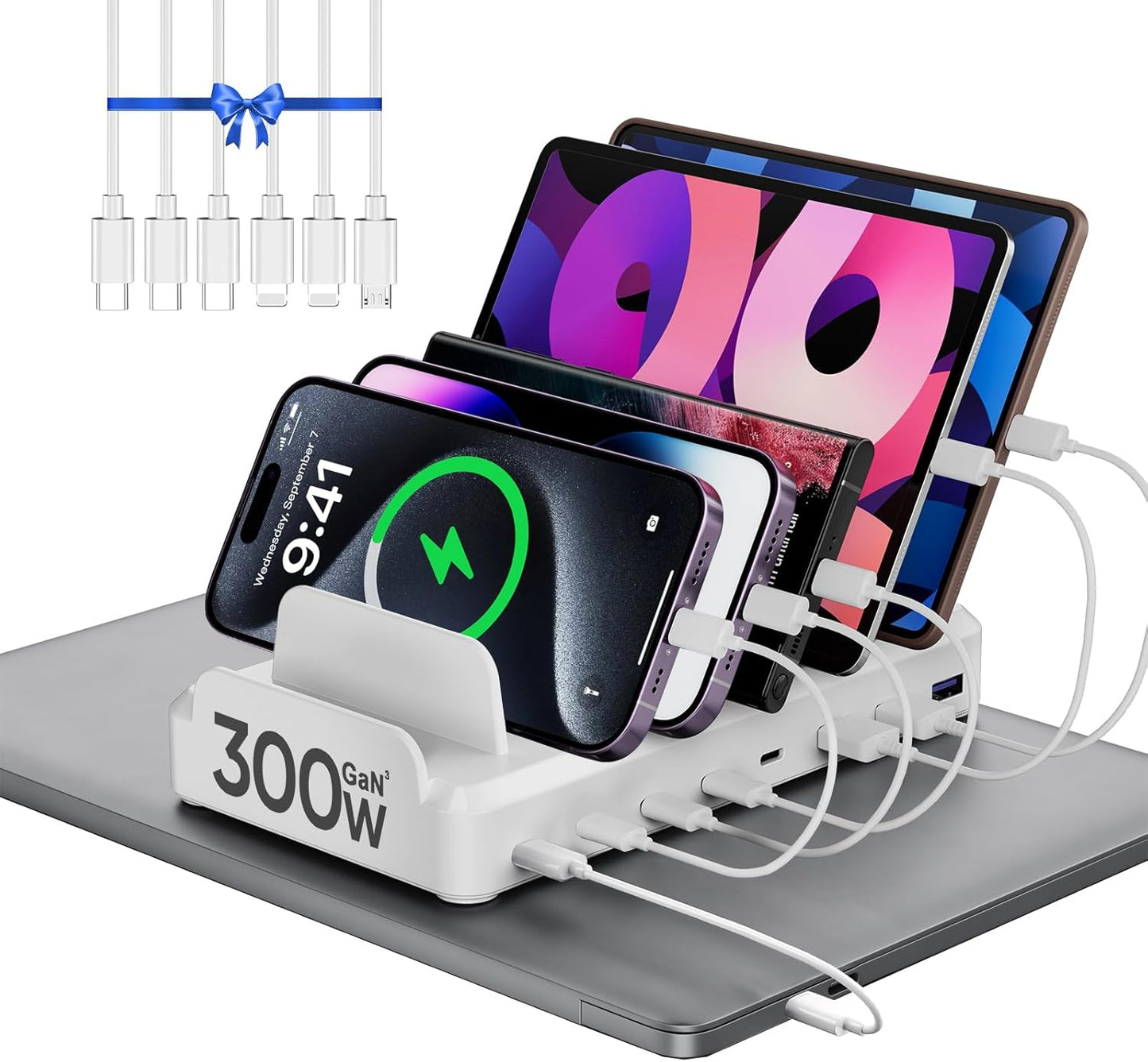300W Charging Station for Multiple Devices, 8 Port Multi USB C Fast Charger Station Dock for MacBook iPhone 16/15/14/13/12 Samsung Pixel Series iPad, White (6 Mixed Short Cables Included)