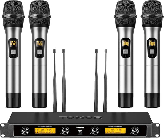 TONOR Wireless Microphones System with 4x10 Channels Metal Cordless Handheld Microfonos, 4 Antennas for 295FT UHF Range, Mics with Stable Signal Transmission for Singing Party Church Karaoke, Silver