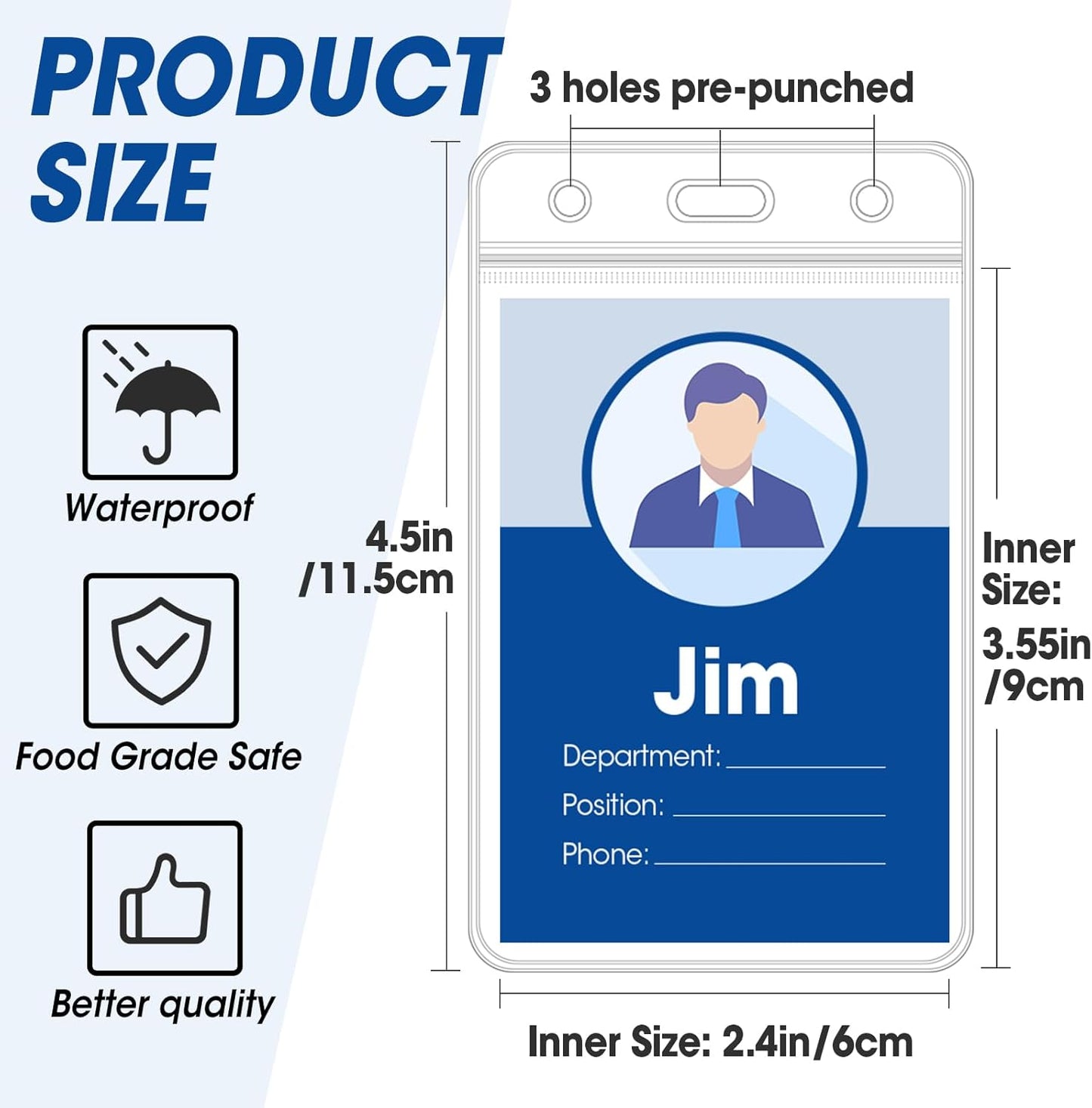 100 Pcs Vertical Badge Holders, Waterproof ID Badge Holder, Clear ID Card Holder with Resealable Zip for Proximity Cards, RFID, Credit Cards