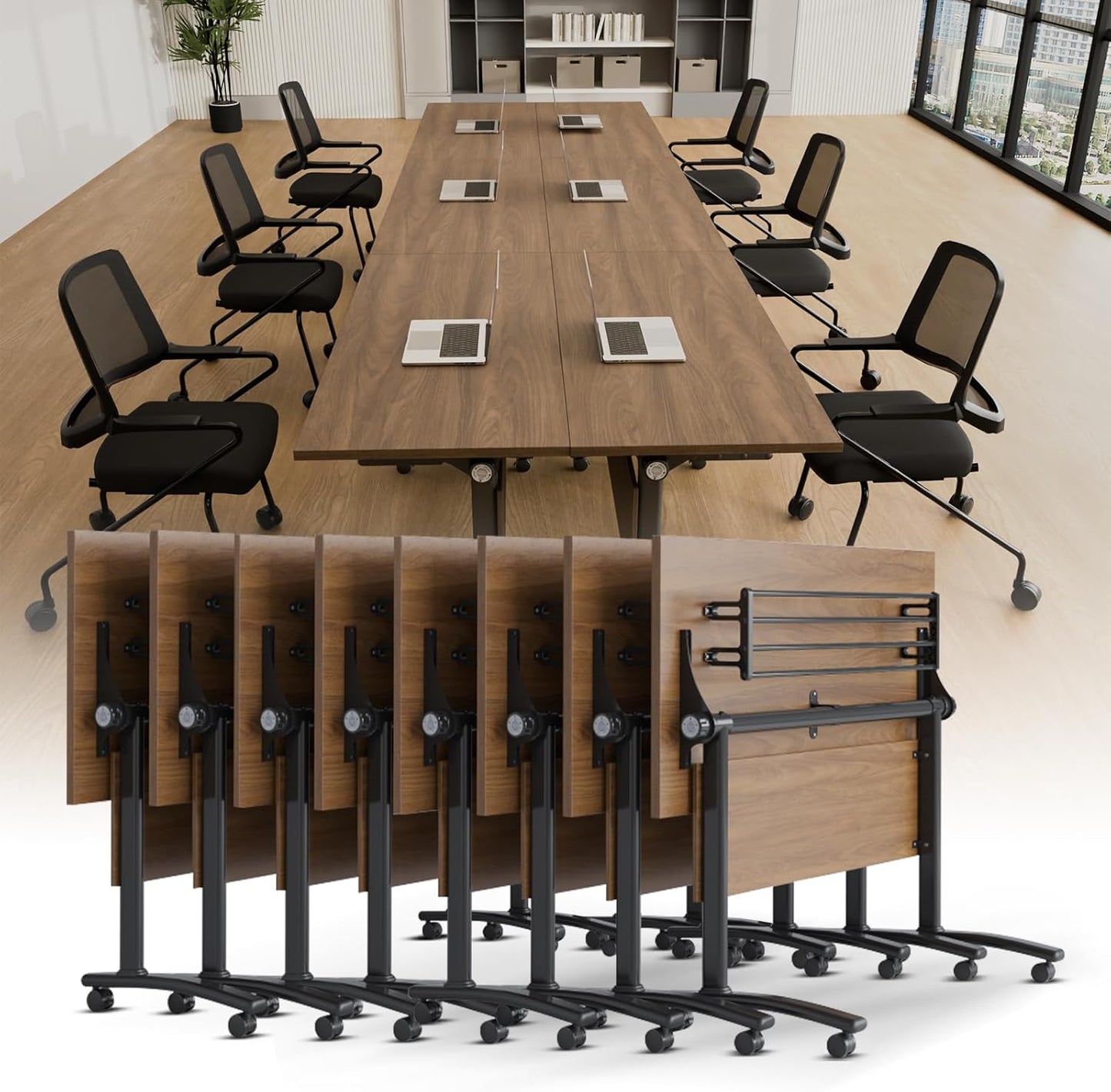 Conference Room Table with Silent Wheels, Mobile Folding Conference Table for 16 Person,Flip Top Office Training Tables with Walnuts Wood Tabletop, for School,Business Meeting Rooms (8Pack 63in)