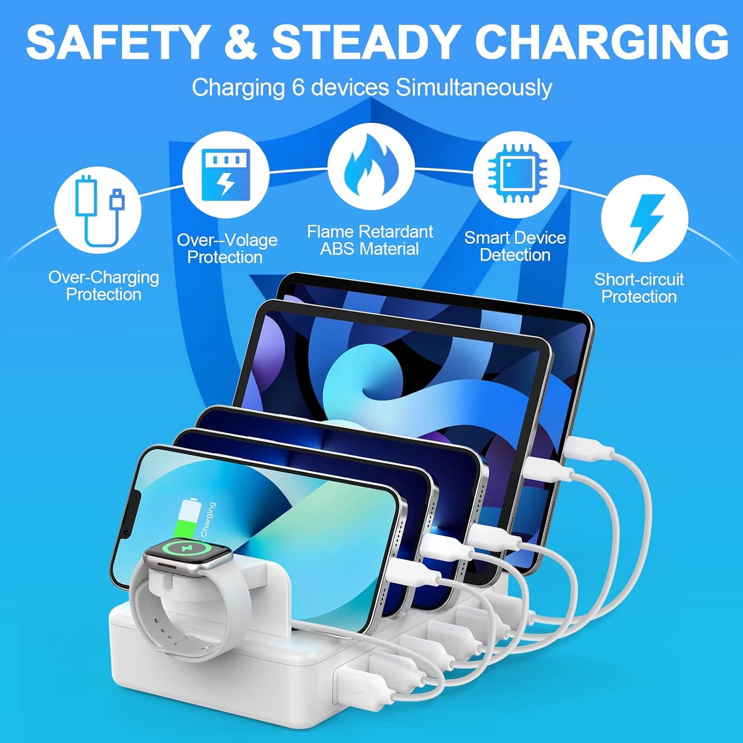 CREATIVE DESIGN Charging Station for Multiple Devices, 50W 6 Ports Charging Dock with 6 Cables Compatible with Cellphone,Tablet, Kindle, Apple Watch and Other Electronic