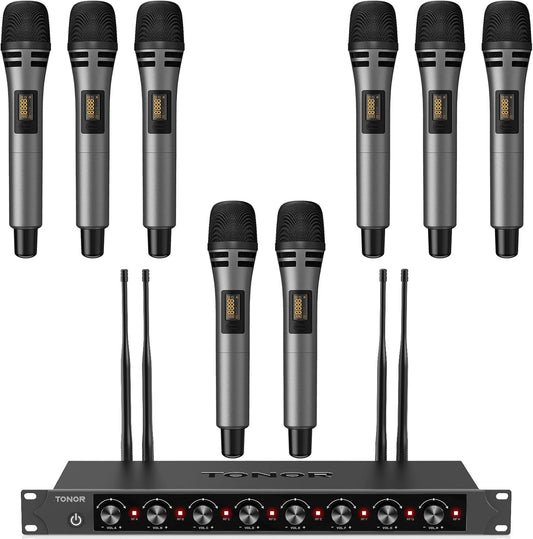 TONOR Wireless Microphones System with 8x12 Channels Cordless Handheld Microfono Inalambrico, 295FT UHF Range, Mics with Stable Signal, Quick Mute for Karaoke Singing Party Church Wedding PA Speaker