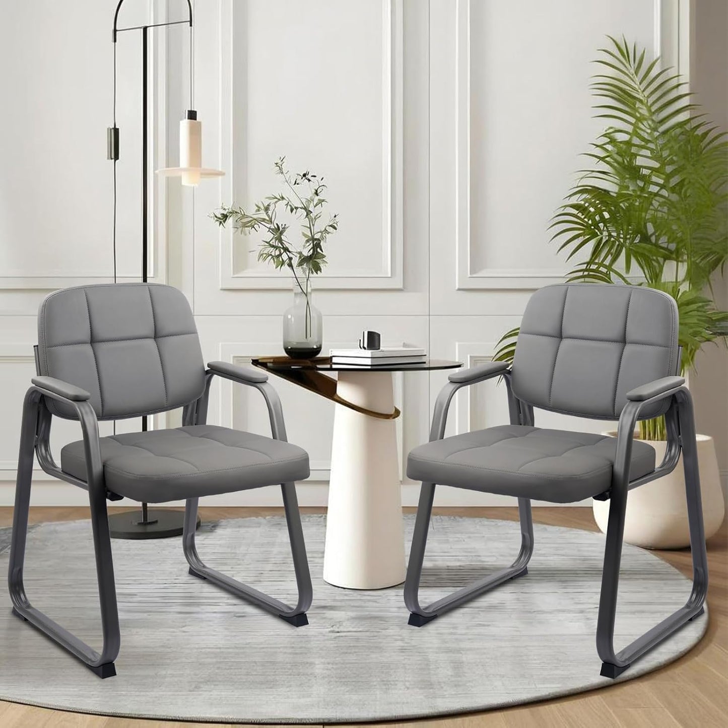 CLATINA Waiting Room Guest Chair with Bonded Leather Padded Arm Rest for Office Reception and Conference Desk Black with Sled Base Grey 8 Pack