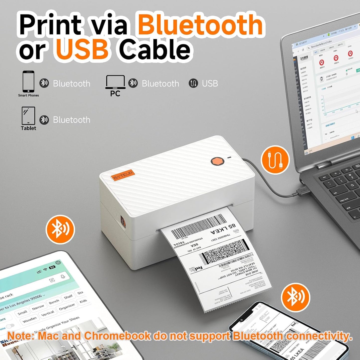 Bluetooth Thermal Shipping Label Printer, Wireless 4x6 Shipping Label Printer for Small Business, Support iOS, Android, Windows and Mac, Compatible with Amazon, Ebay, Shopify, Etsy, USPS.