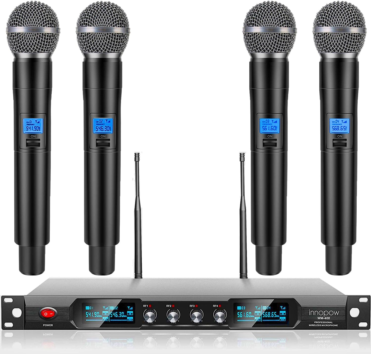 4-Channel Wireless Microphone System, Quad UHF Metal Cordless Mic, 4 Handheld Mics, Long Distance150-200Ft, Fixed Frequency, 16 Hours Use for Karaoke Singing, Church