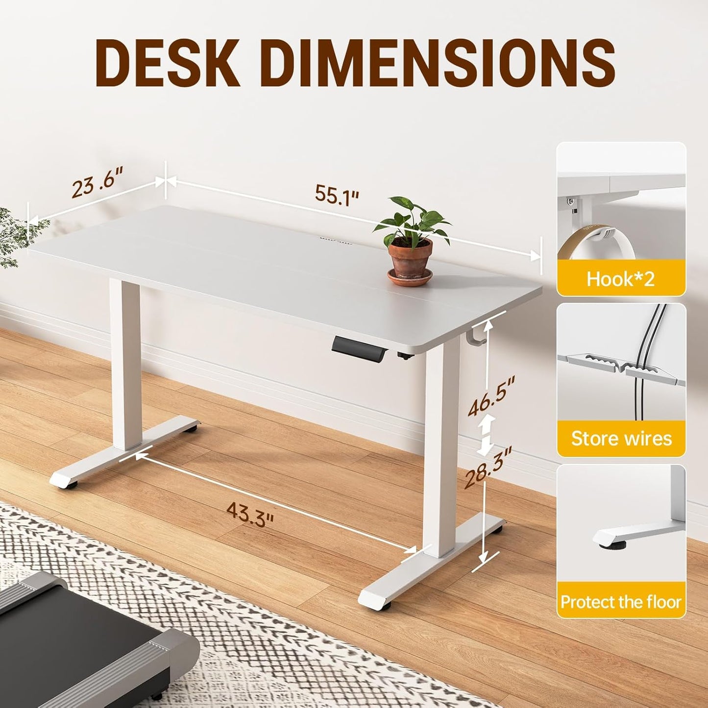 Veken 55 Inch Large Electric Standing Desk, 4 Memory Heights Adjustable,Sit to Stand Up, Work Home Office Computer Table for Study, Walking Pad, Writing, and Games, Wooden Desktop Desks, White
