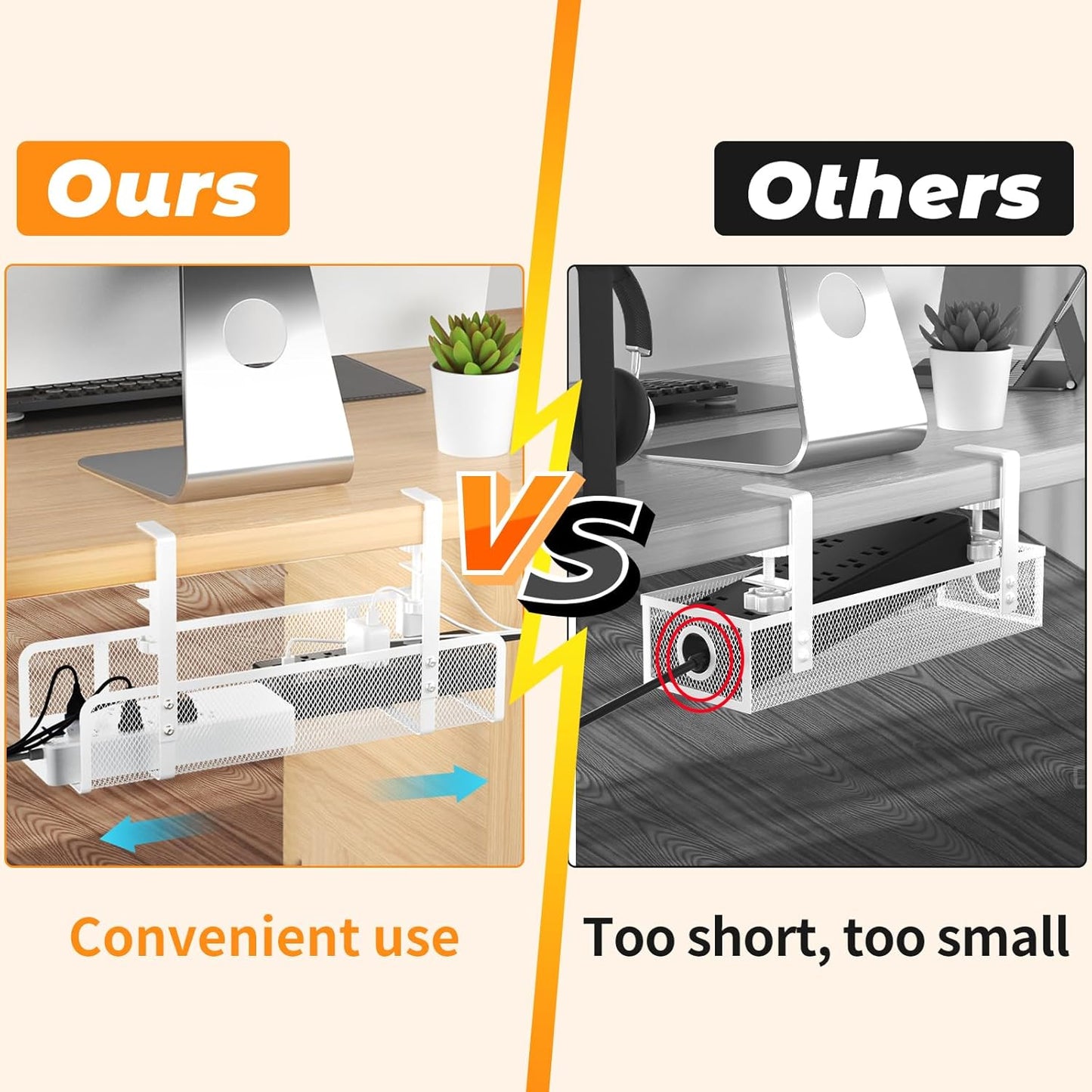Under Desk Cable Tray - Wire Management Organizer Box, Cord Raceways for Office, Home - No Damage, No Drill