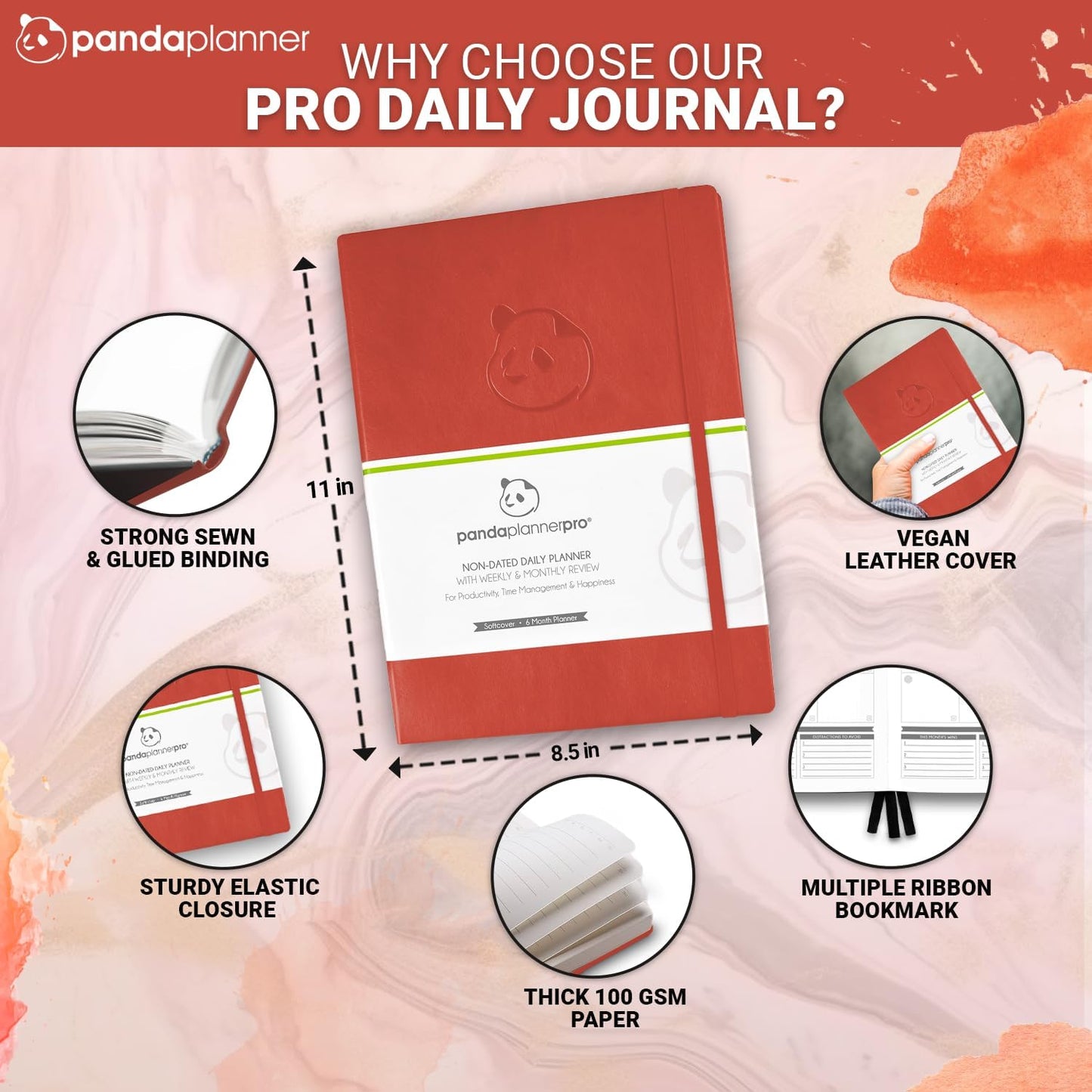 Panda Planner Pro 2025-2026 – Daily, Weekly & Monthly Planner for Productivity – Large 8.5x11 Undated Day Planner, Goal Planner, Project Organizer & Habit Tracker Notebook – Orange