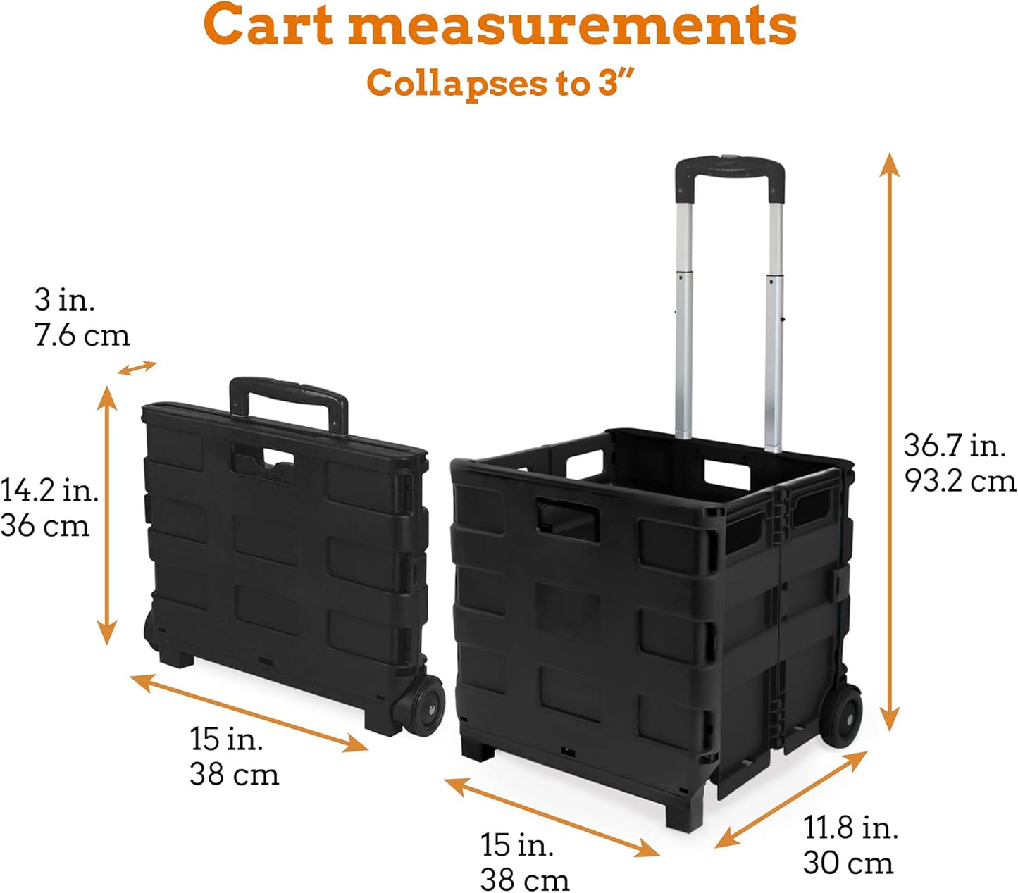 Inspired Living Ultra-Slim Rolling Collapsible Storage Pack-N-Roll Utility-carts, with Telescopic Handle, for Home, Garden, Shopping, Office, School use, Medium, Black