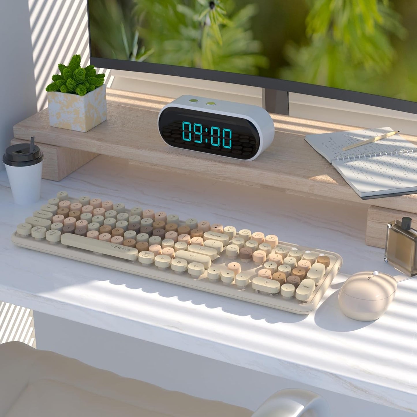 UBOTIE Colorful Computer Wireless Keyboards Mouse Combos, Typewriter Flexible Keys Office Full-Sized Keyboard, 2.4GHz Dropout-Free Connection and Optical Mouse (Milk Tea -Colorful)