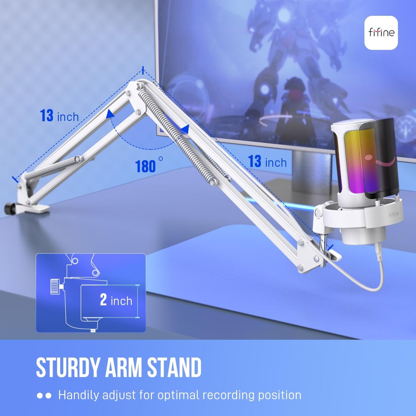 FIFINE Gaming PC USB Microphone Kit, Condenser RGB Mic with Metal Boom Arm, Mute, Gain Knob, Headphones Monitoring, Streaming Microphone Bundle for PS4/PS5, YouTube, Discord, Twitch-A8T White